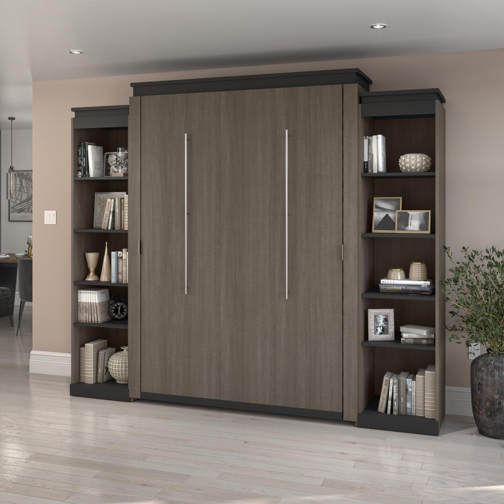 Queen Murphy Bed with Shelves (106W) in White and Walnut Grey. Picture 4