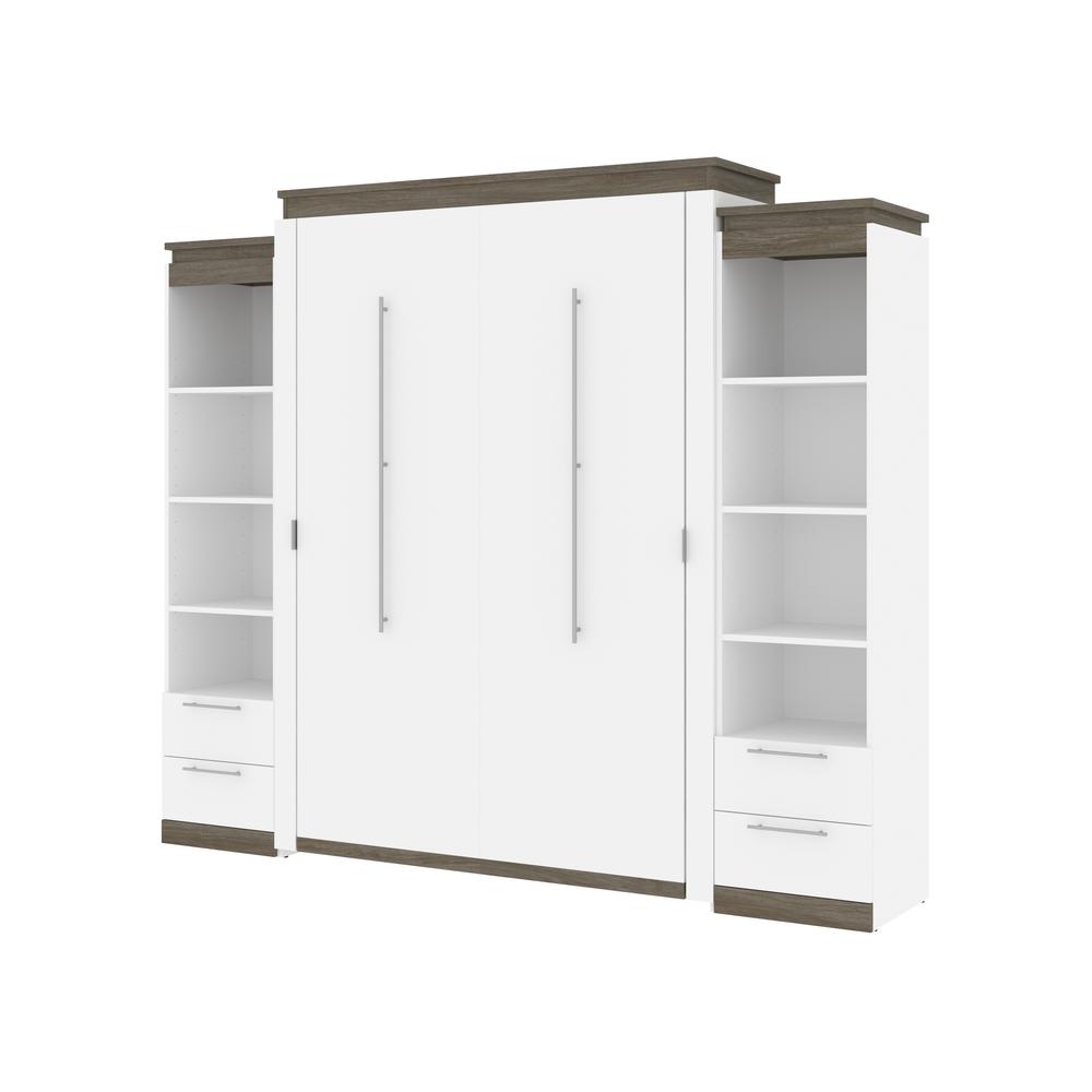 Queen Murphy Bed with Shelves and Drawers (106W) in White and Walnut Grey. Picture 1