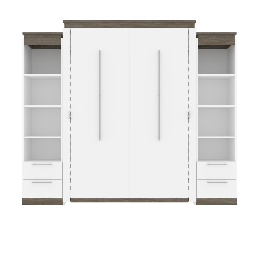 Queen Murphy Bed with Shelves and Drawers (106W) in White and Walnut Grey. Picture 2
