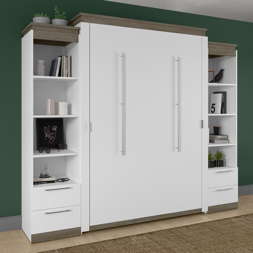 Queen Murphy Bed with Shelves and Drawers (106W) in White and Walnut Grey. Picture 4