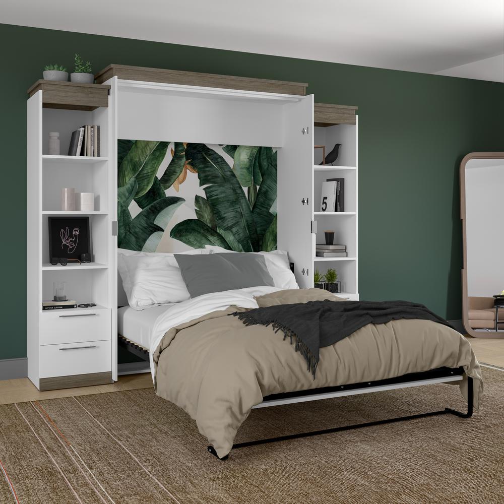 Queen Murphy Bed with Shelves and Drawers (106W) in White and Walnut Grey. Picture 5
