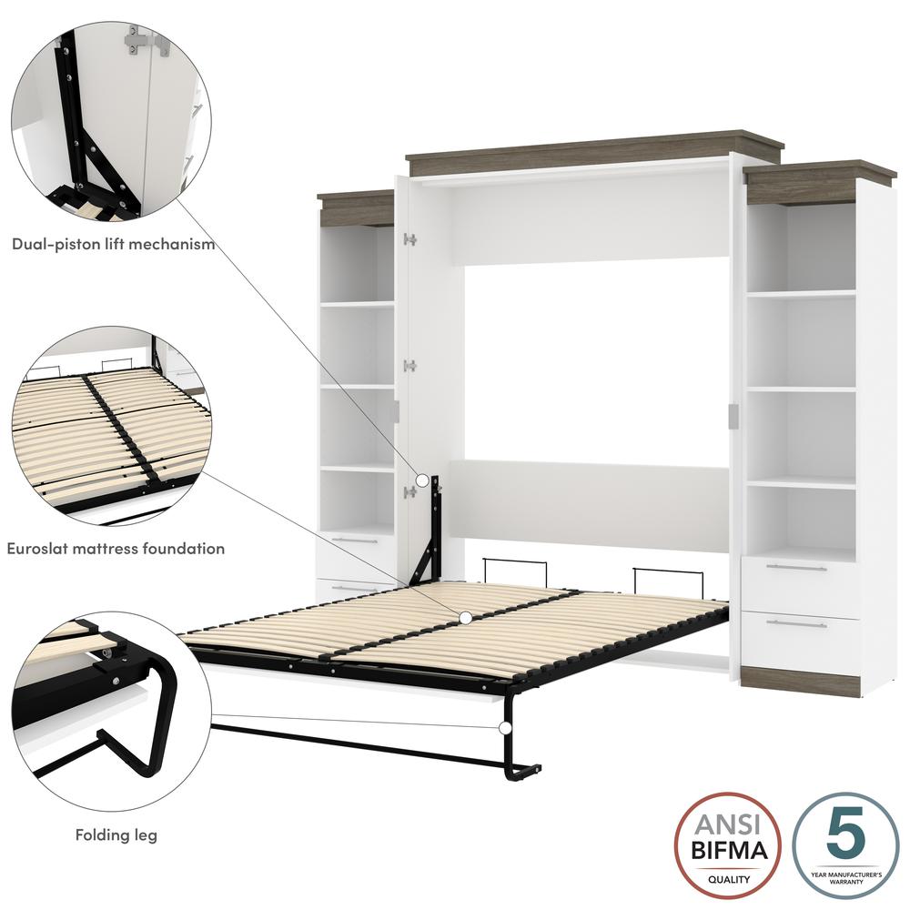 Queen Murphy Bed with Shelves and Drawers (106W) in White and Walnut Grey. Picture 8