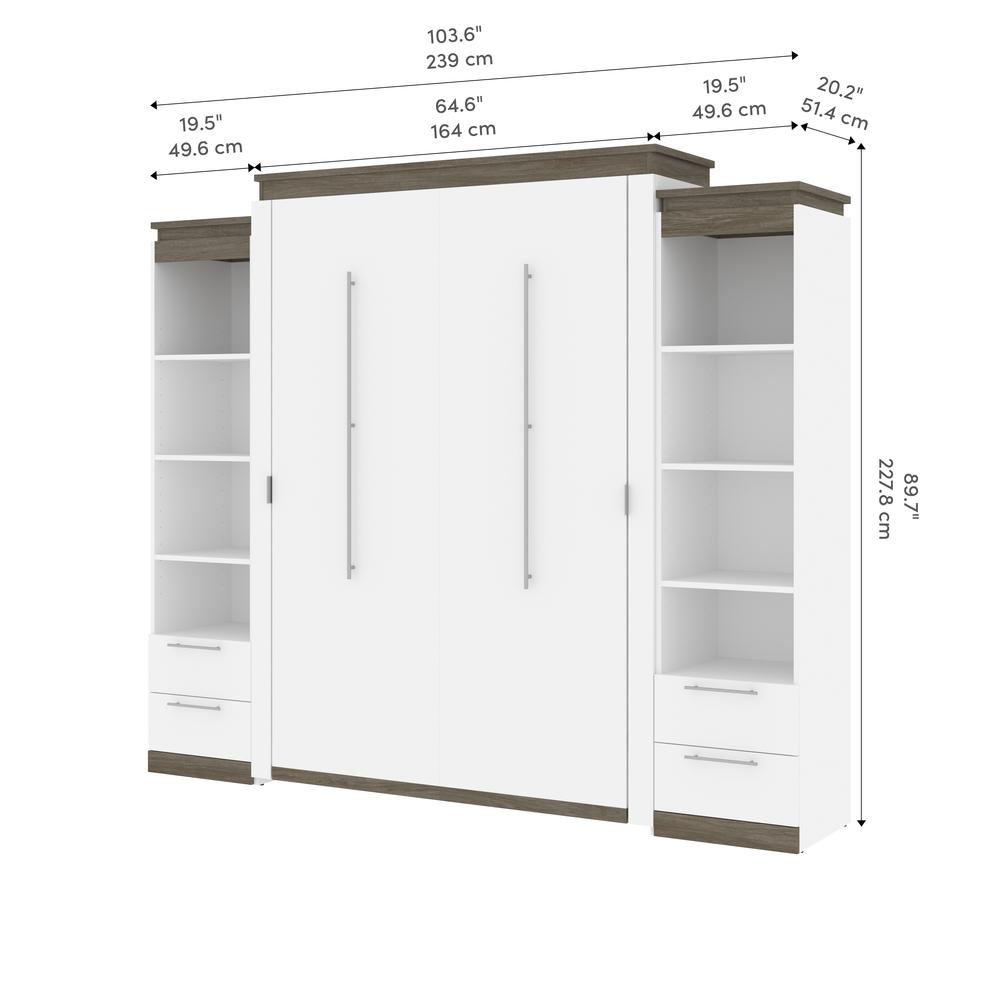 Queen Murphy Bed with Shelves and Drawers (106W) in White and Walnut Grey. Picture 10