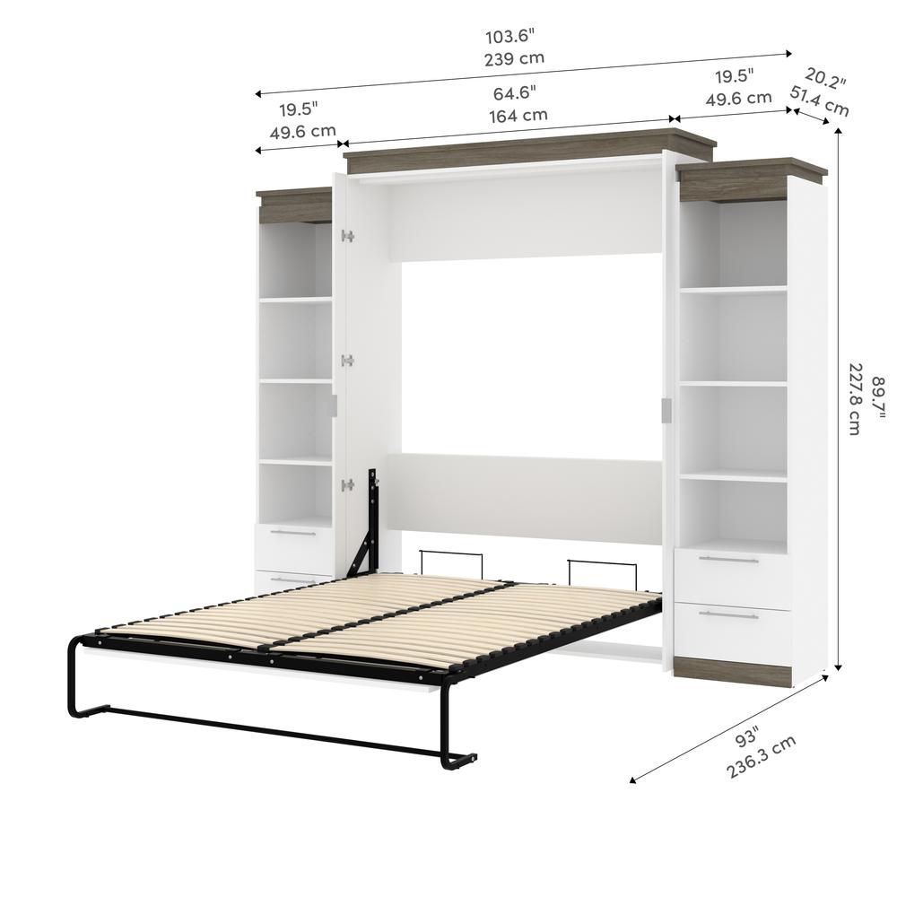 Queen Murphy Bed with Shelves and Drawers (106W) in White and Walnut Grey. Picture 11