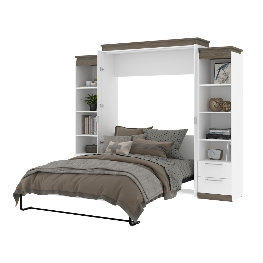 Queen Murphy Bed with Shelves and Drawers (106W) in White and Walnut Grey. Picture 24