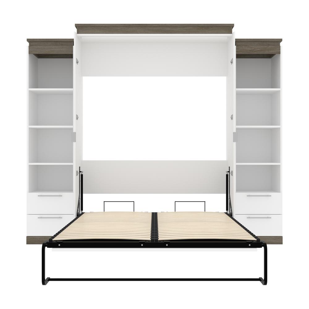 Queen Murphy Bed with Shelves and Drawers (106W) in White and Walnut Grey. Picture 25