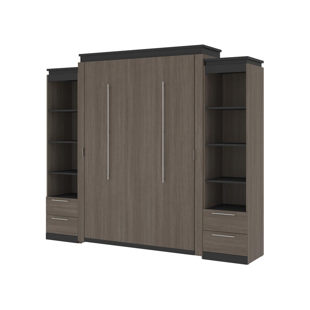 Queen Murphy Bed with Shelves and Drawers (106W) in Bark Grey and Graphite. Picture 1