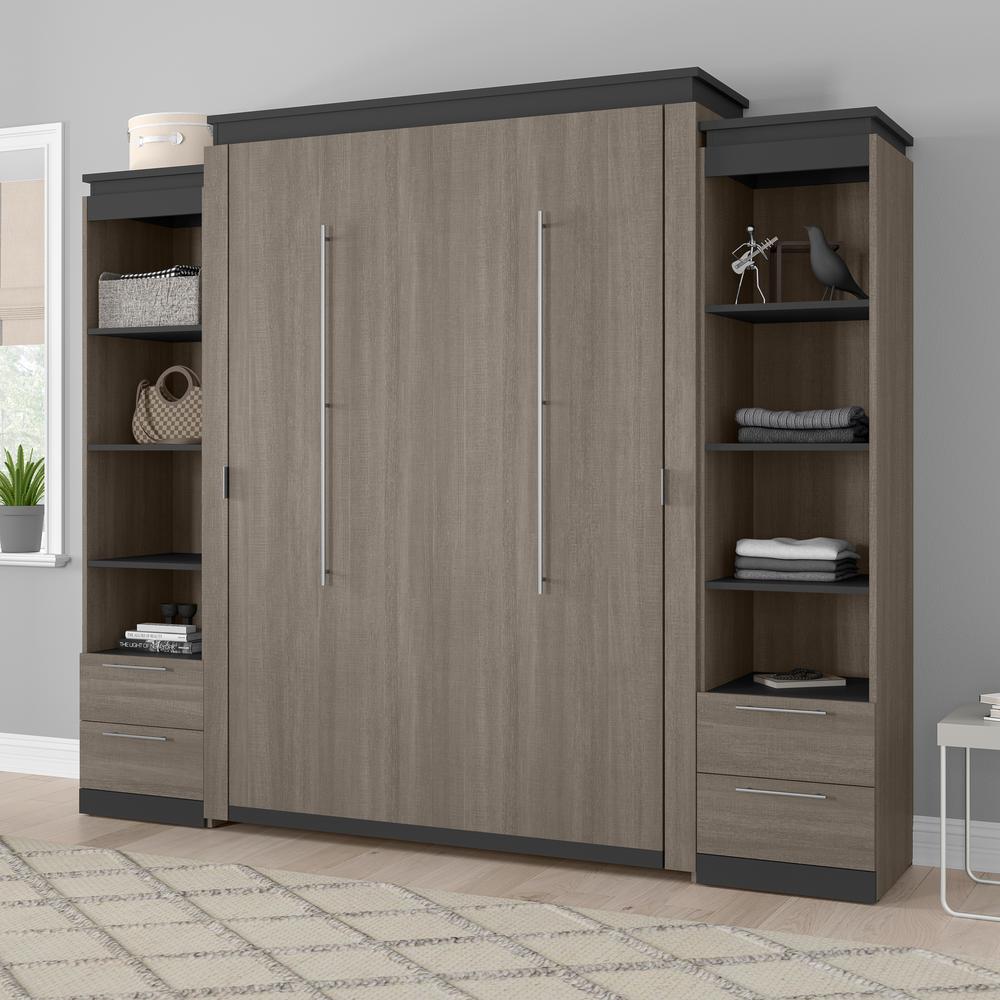 Queen Murphy Bed with Shelves and Drawers (106W) in Bark Grey and Graphite. Picture 4