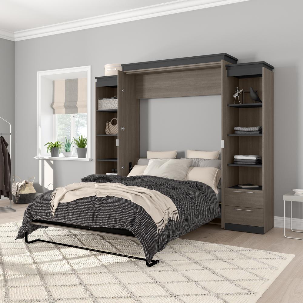Queen Murphy Bed with Shelves and Drawers (106W) in Bark Grey and Graphite. Picture 5
