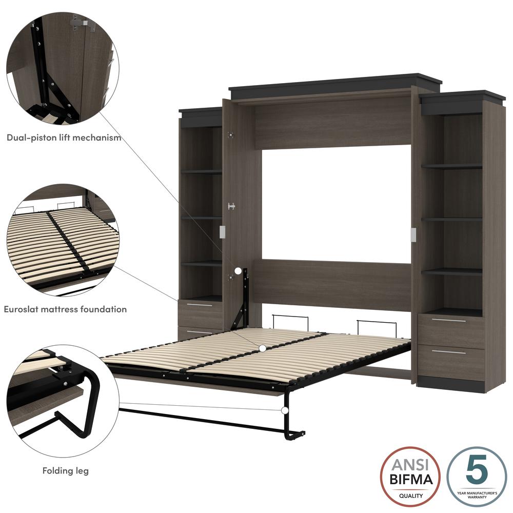 Queen Murphy Bed with Shelves and Drawers (106W) in Bark Grey and Graphite. Picture 8