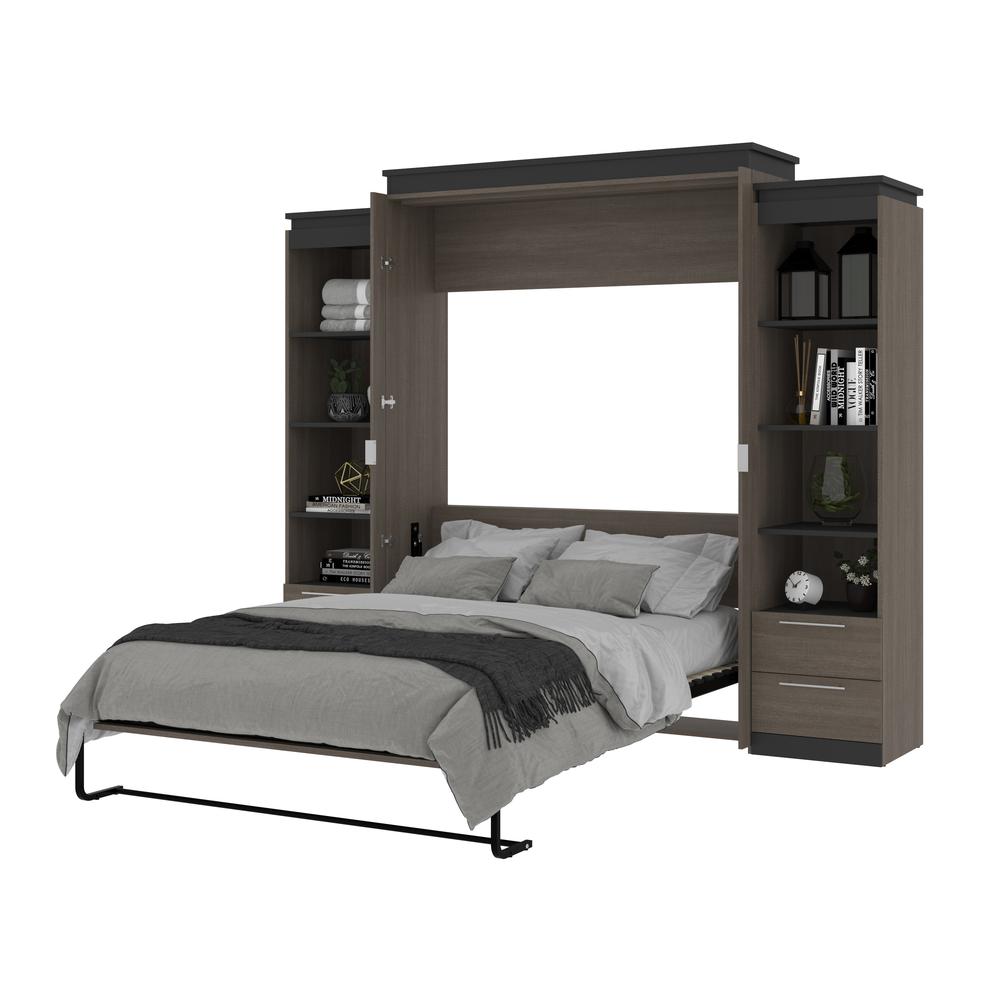 Queen Murphy Bed with Shelves and Drawers (106W) in Bark Grey and Graphite. Picture 24