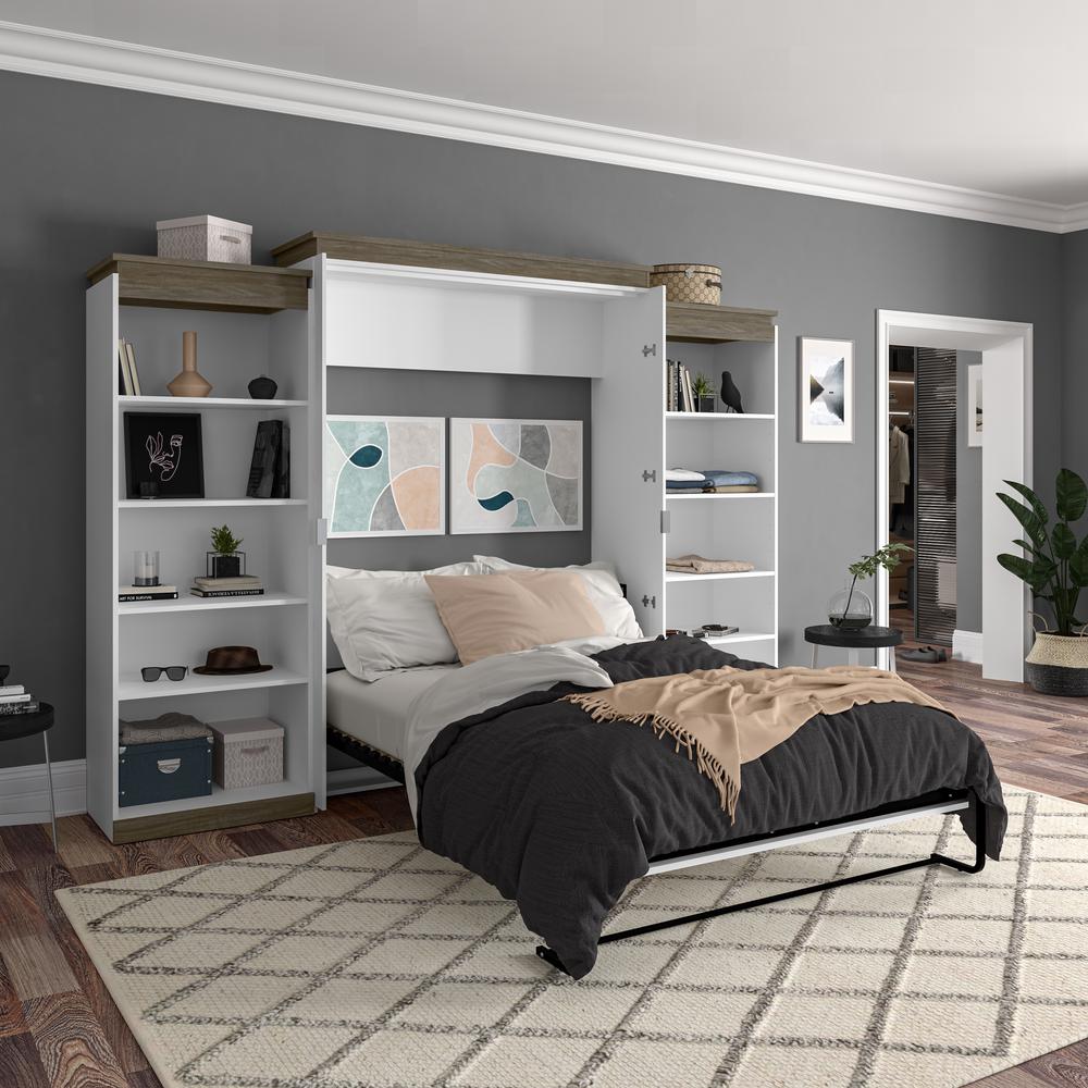 Queen Murphy Bed with Shelves (126W) in White and Walnut Grey. Picture 5