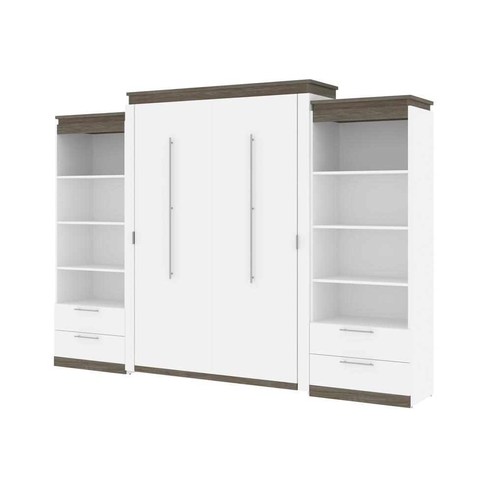 Orion  124W Queen Murphy Bed and 2 Shelving Units with Drawers (125W) in white & walnut grey. Picture 1