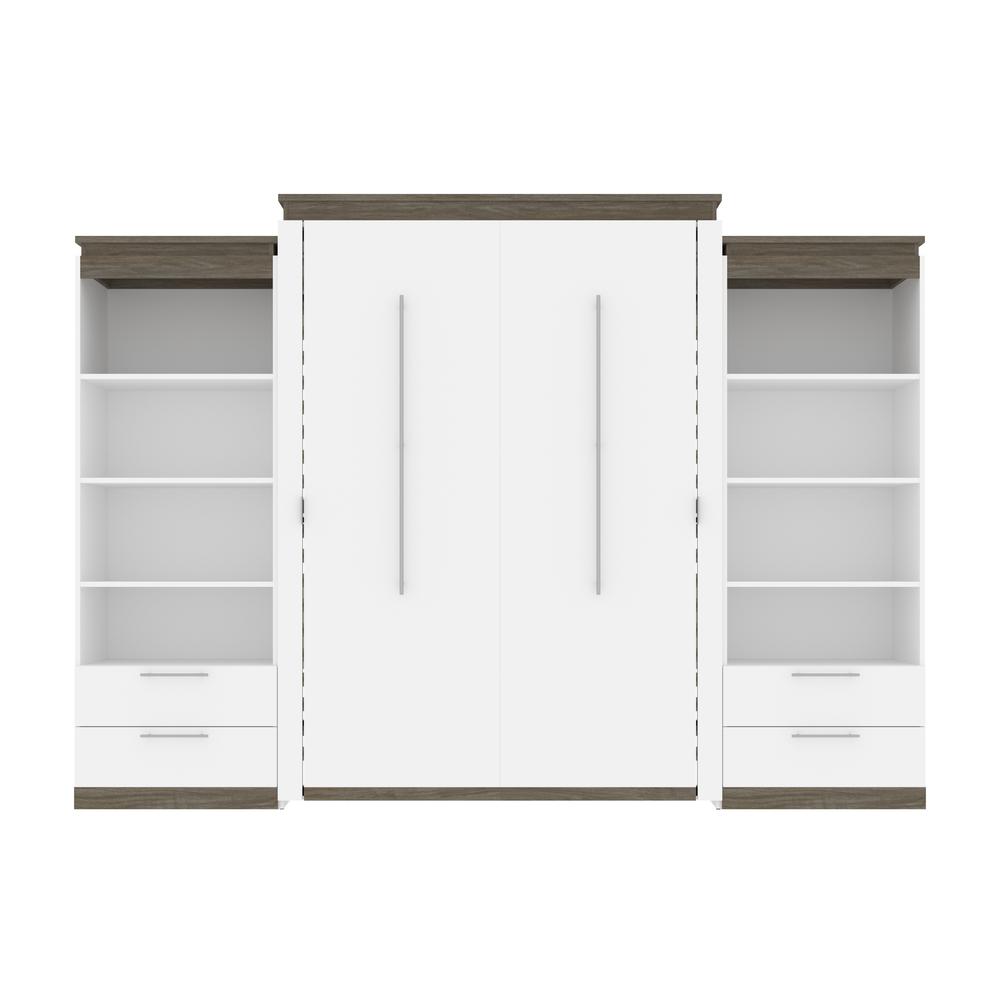Orion  124W Queen Murphy Bed and 2 Shelving Units with Drawers (125W) in white & walnut grey. Picture 2