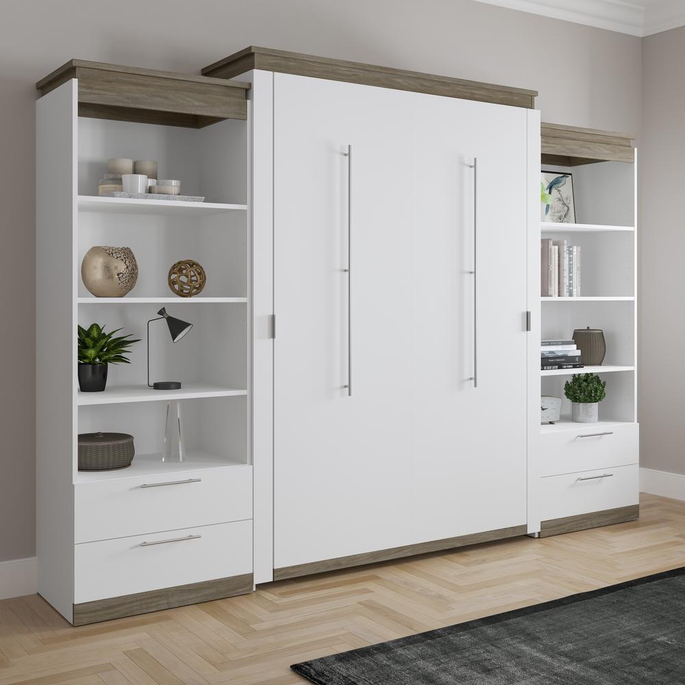 Orion  124W Queen Murphy Bed and 2 Shelving Units with Drawers (125W) in white & walnut grey. Picture 4