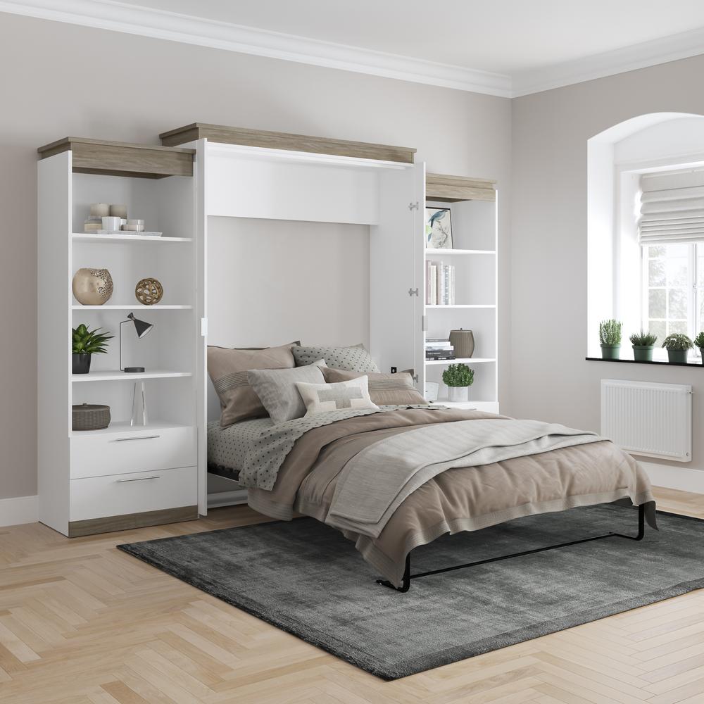 Orion  124W Queen Murphy Bed and 2 Shelving Units with Drawers (125W) in white & walnut grey. Picture 5