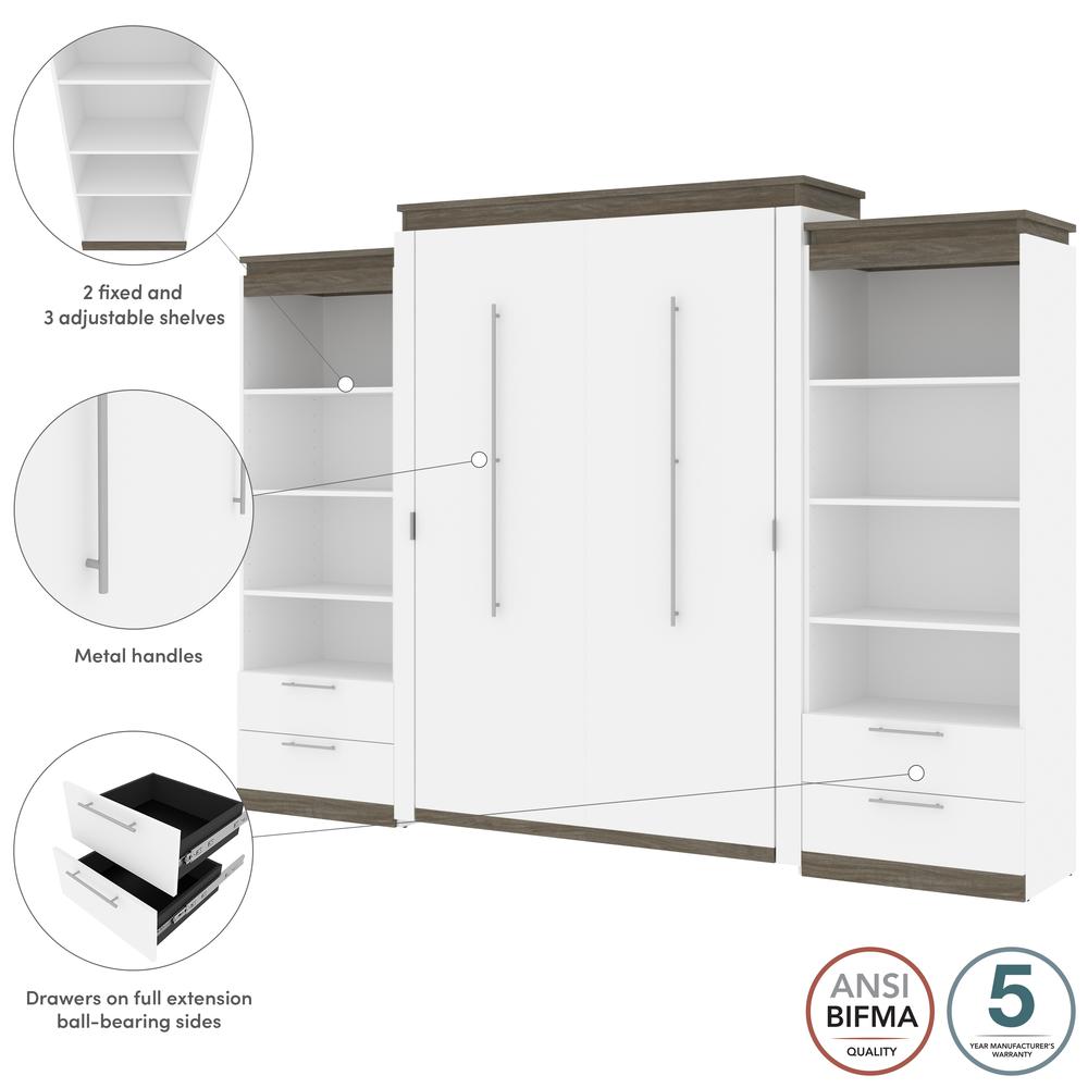 Orion  124W Queen Murphy Bed and 2 Shelving Units with Drawers (125W) in white & walnut grey. Picture 6