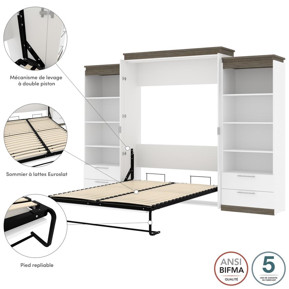 Orion  124W Queen Murphy Bed and 2 Shelving Units with Drawers (125W) in white & walnut grey. Picture 8