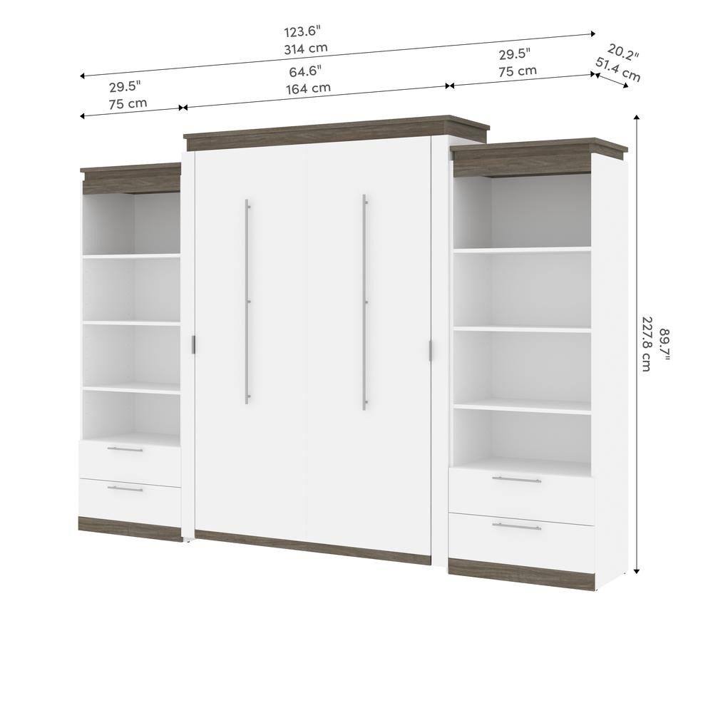 Orion  124W Queen Murphy Bed and 2 Shelving Units with Drawers (125W) in white & walnut grey. Picture 10