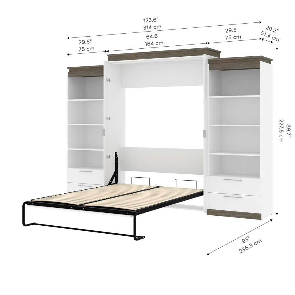 Orion  124W Queen Murphy Bed and 2 Shelving Units with Drawers (125W) in white & walnut grey. Picture 11