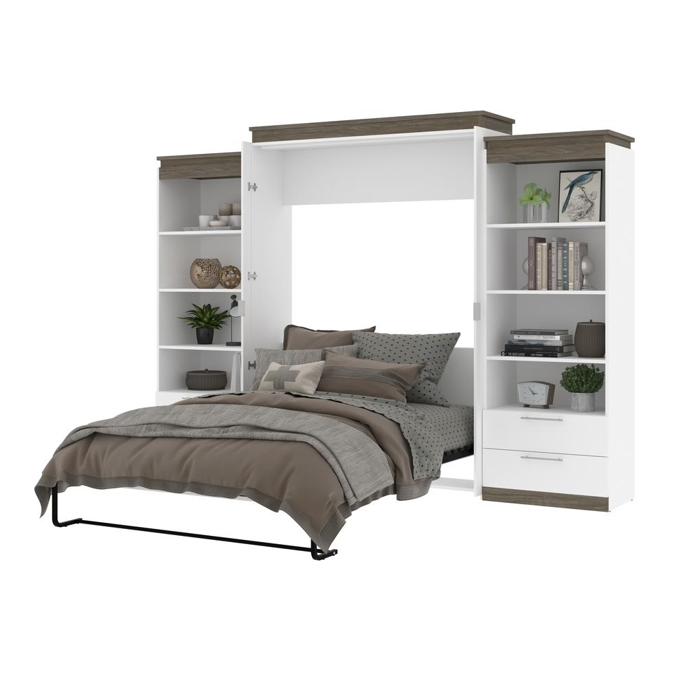 Orion  124W Queen Murphy Bed and 2 Shelving Units with Drawers (125W) in white & walnut grey. Picture 24