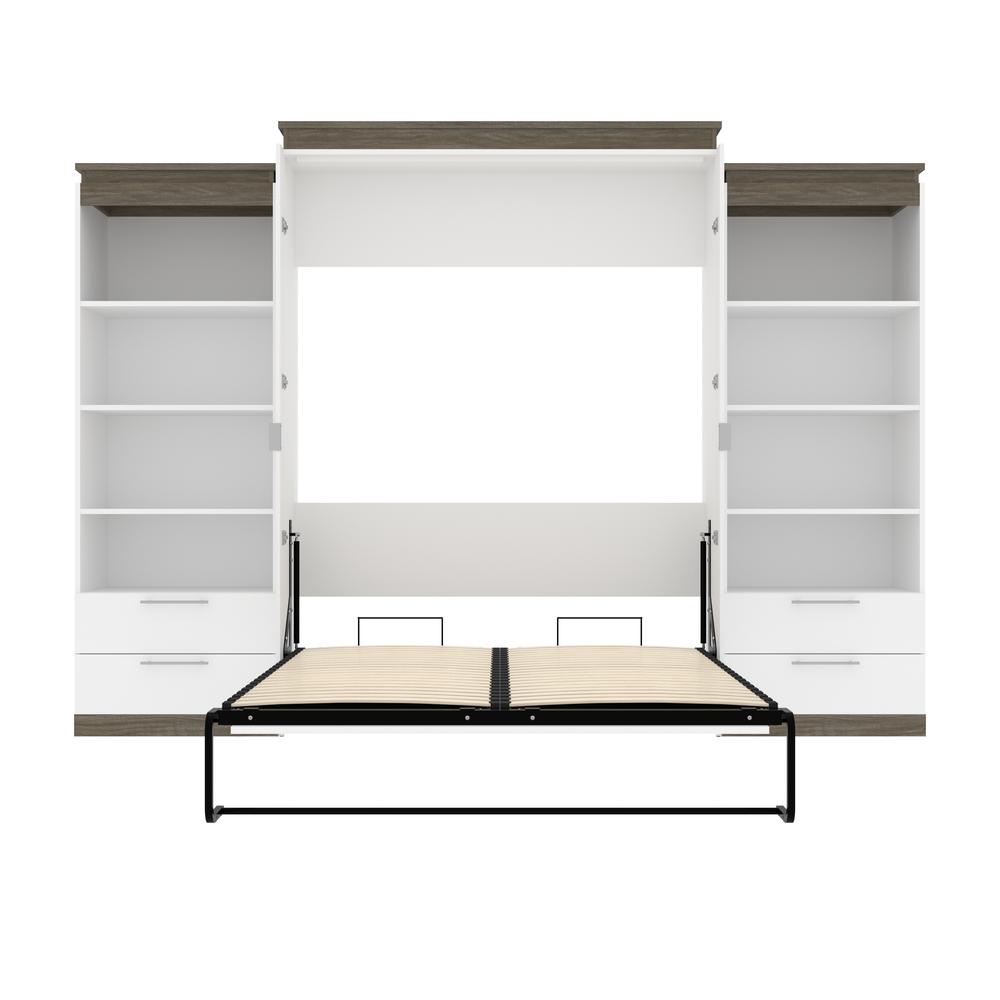 Orion  124W Queen Murphy Bed and 2 Shelving Units with Drawers (125W) in white & walnut grey. Picture 25