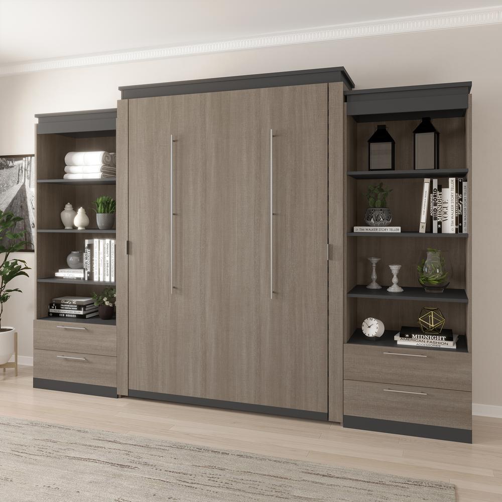 Orion  124W Queen Murphy Bed and 2 Shelving Units with Drawers (125W) in bark gray and graphite. Picture 5