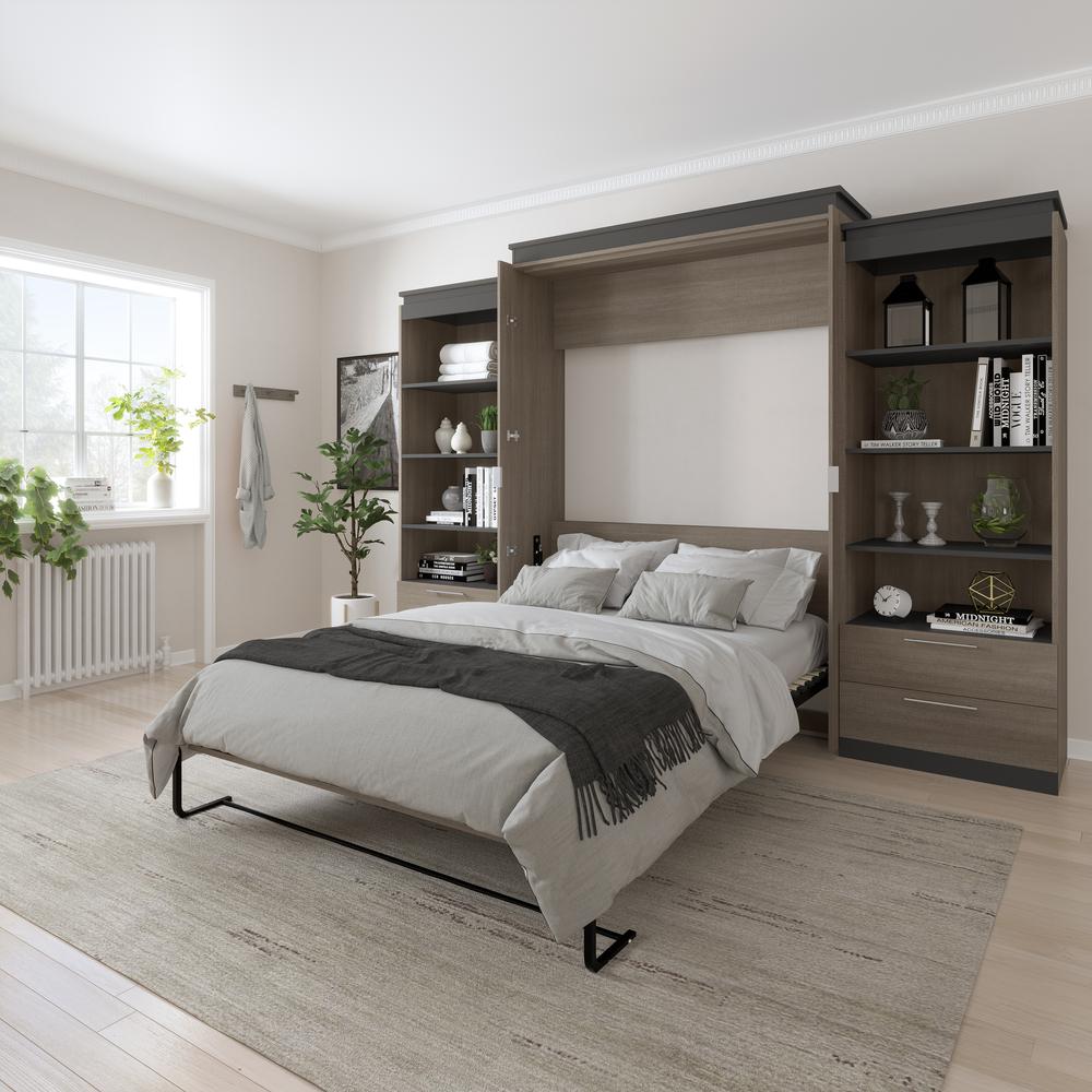Orion  124W Queen Murphy Bed and 2 Shelving Units with Drawers (125W) in bark gray and graphite. Picture 6