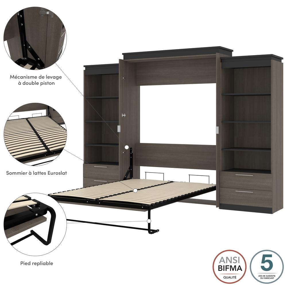 Orion  124W Queen Murphy Bed and 2 Shelving Units with Drawers (125W) in bark gray and graphite. Picture 9