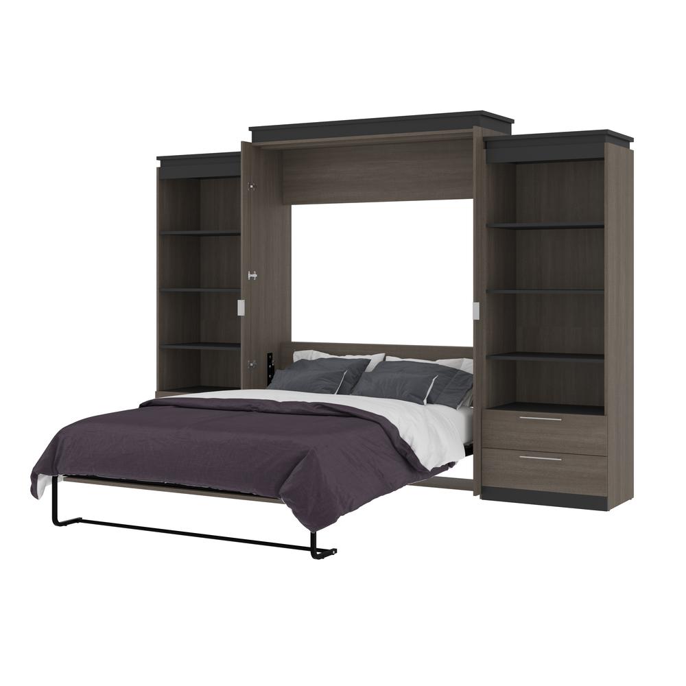 Orion  124W Queen Murphy Bed and 2 Shelving Units with Drawers (125W) in bark gray and graphite. Picture 25
