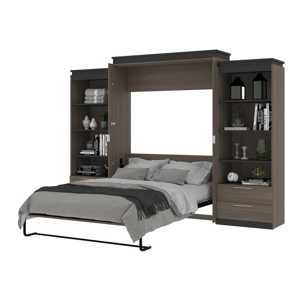 Orion  124W Queen Murphy Bed and 2 Shelving Units with Drawers (125W) in bark gray and graphite. Picture 26