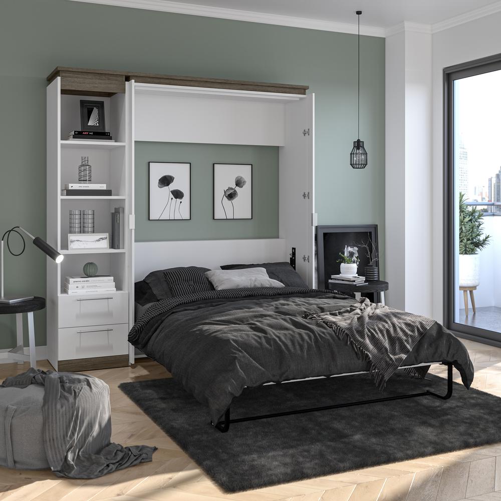 Full Murphy Bed with Shelves and Drawers (81W) in White and Walnut Grey. Picture 6