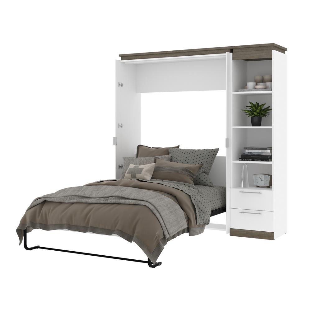 Full Murphy Bed with Shelves and Drawers (81W) in White and Walnut Grey. Picture 26