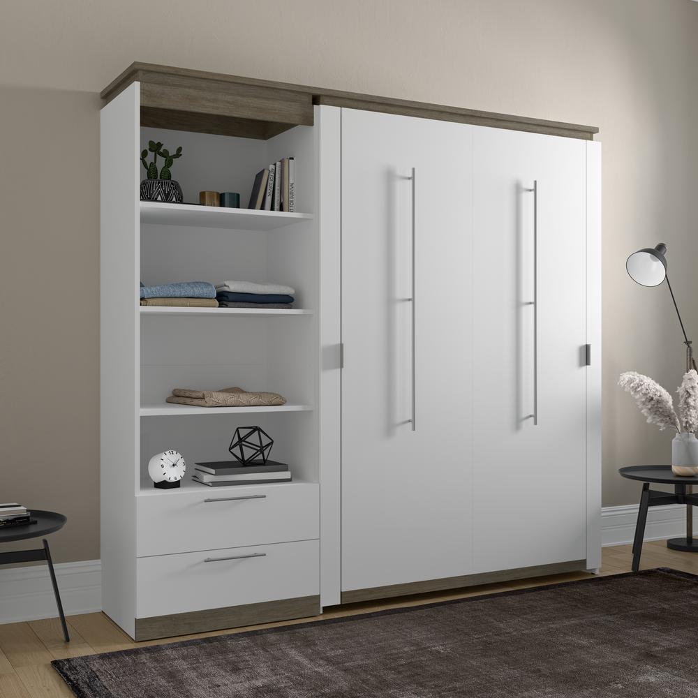 Full Murphy Bed with Shelves and Drawers (91W) in White and Walnut Grey. Picture 4