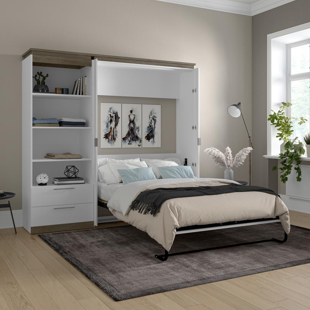 Full Murphy Bed with Shelves and Drawers (91W) in White and Walnut Grey. Picture 5