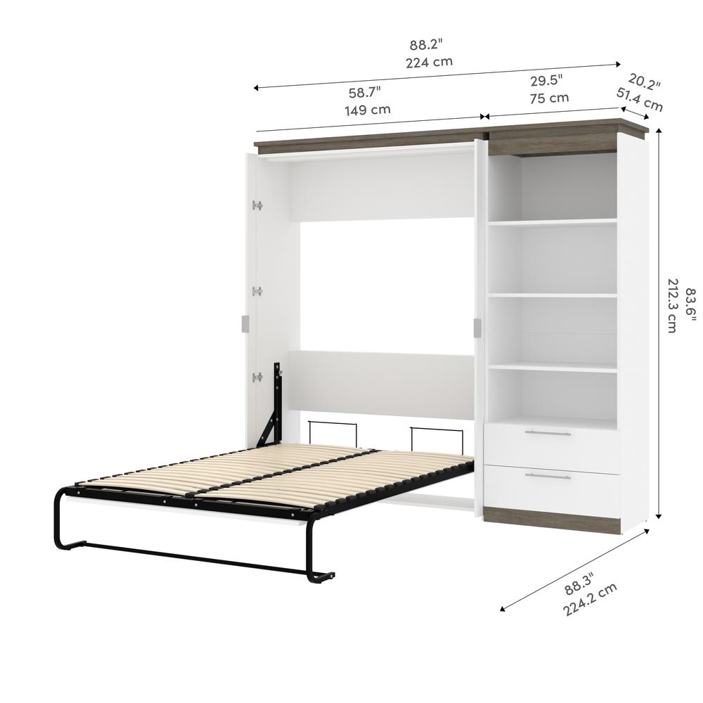 Full Murphy Bed with Shelves and Drawers (91W) in White and Walnut Grey. Picture 11