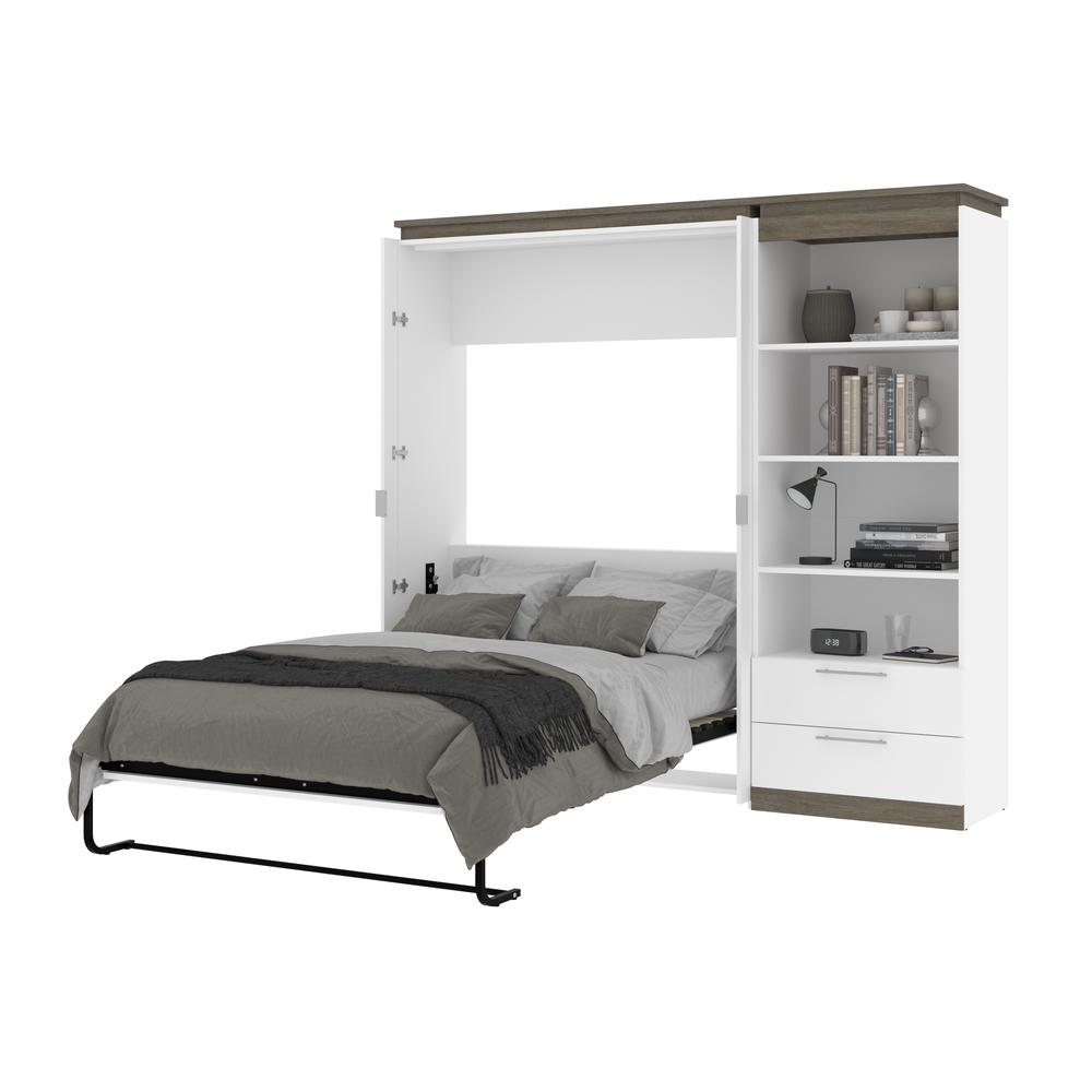Full Murphy Bed with Shelves and Drawers (91W) in White and Walnut Grey. Picture 24