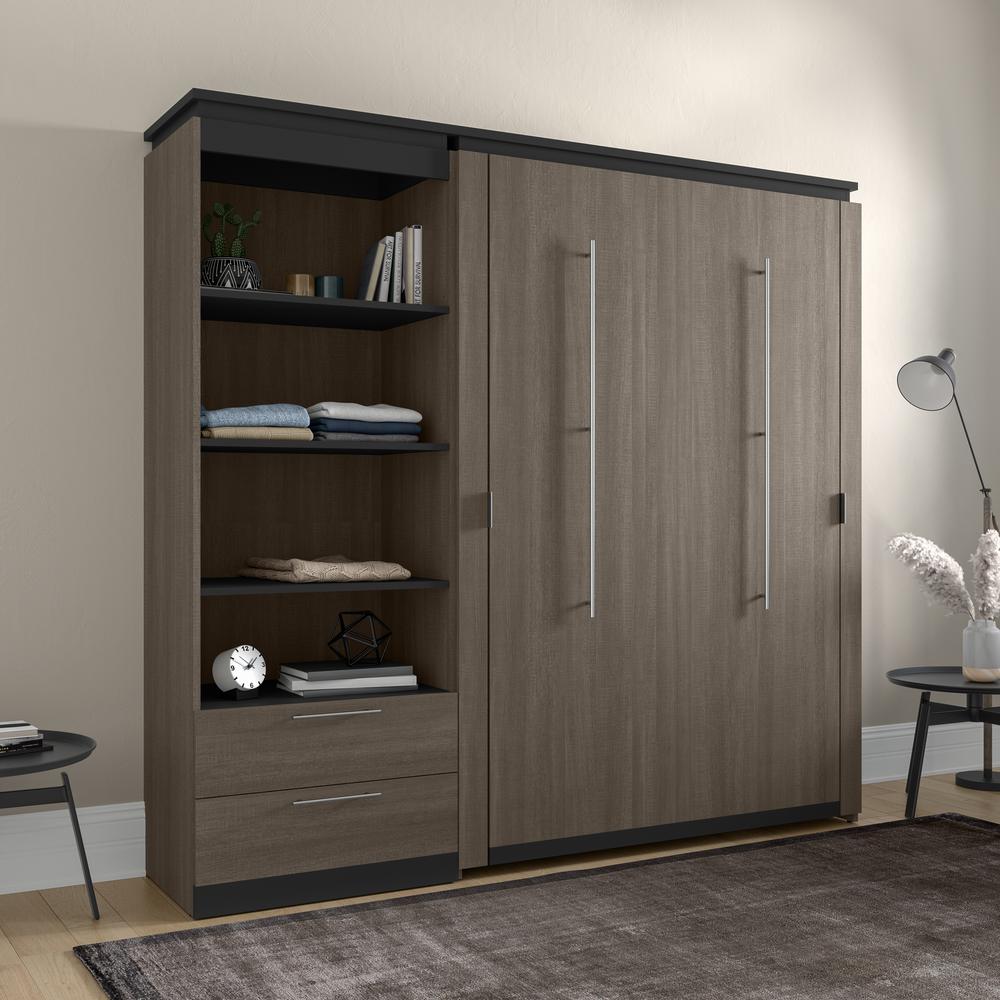 Full Murphy Bed with Shelves and Drawers (91W) in Bark Grey and Graphite. Picture 4