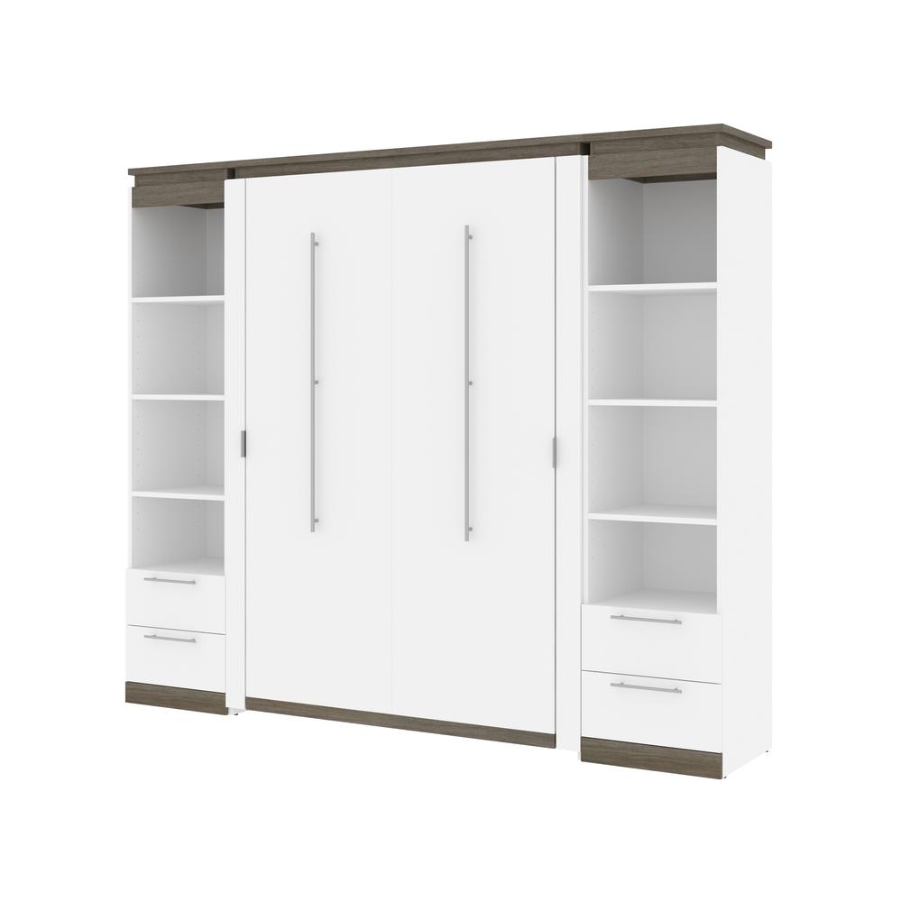 100W Full Murphy Bed with Shelves and Drawers (100W) in White and Walnut Grey. Picture 1
