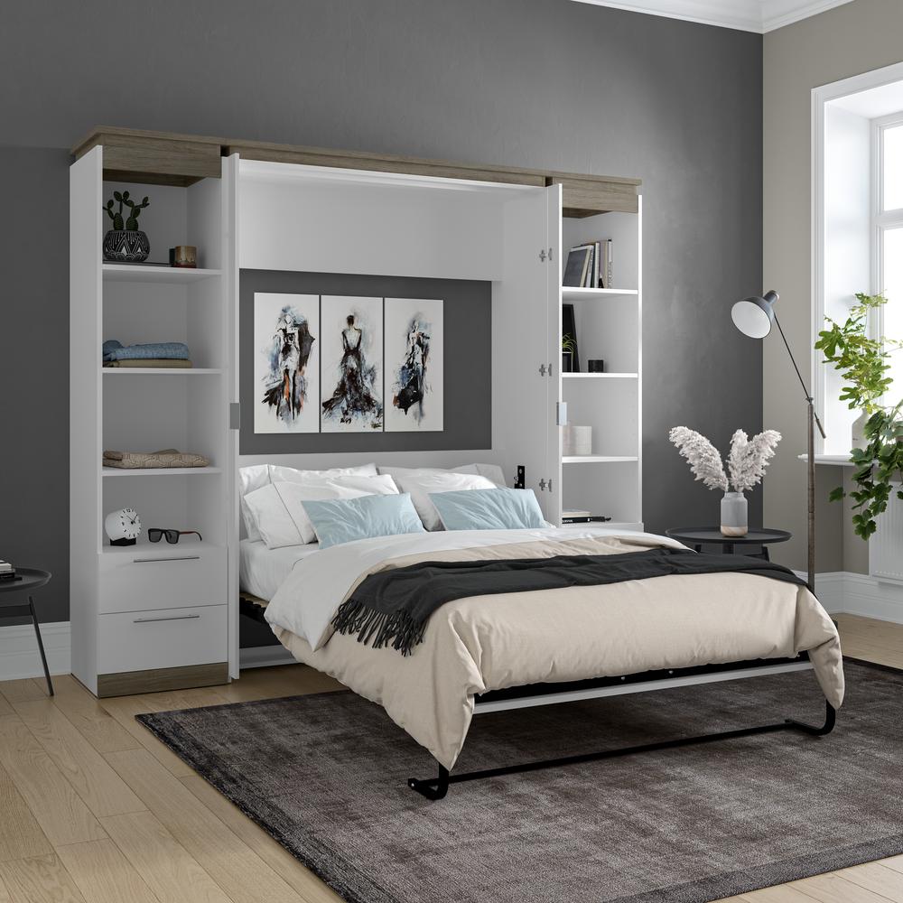 100W Full Murphy Bed with Shelves and Drawers (100W) in White and Walnut Grey. Picture 5