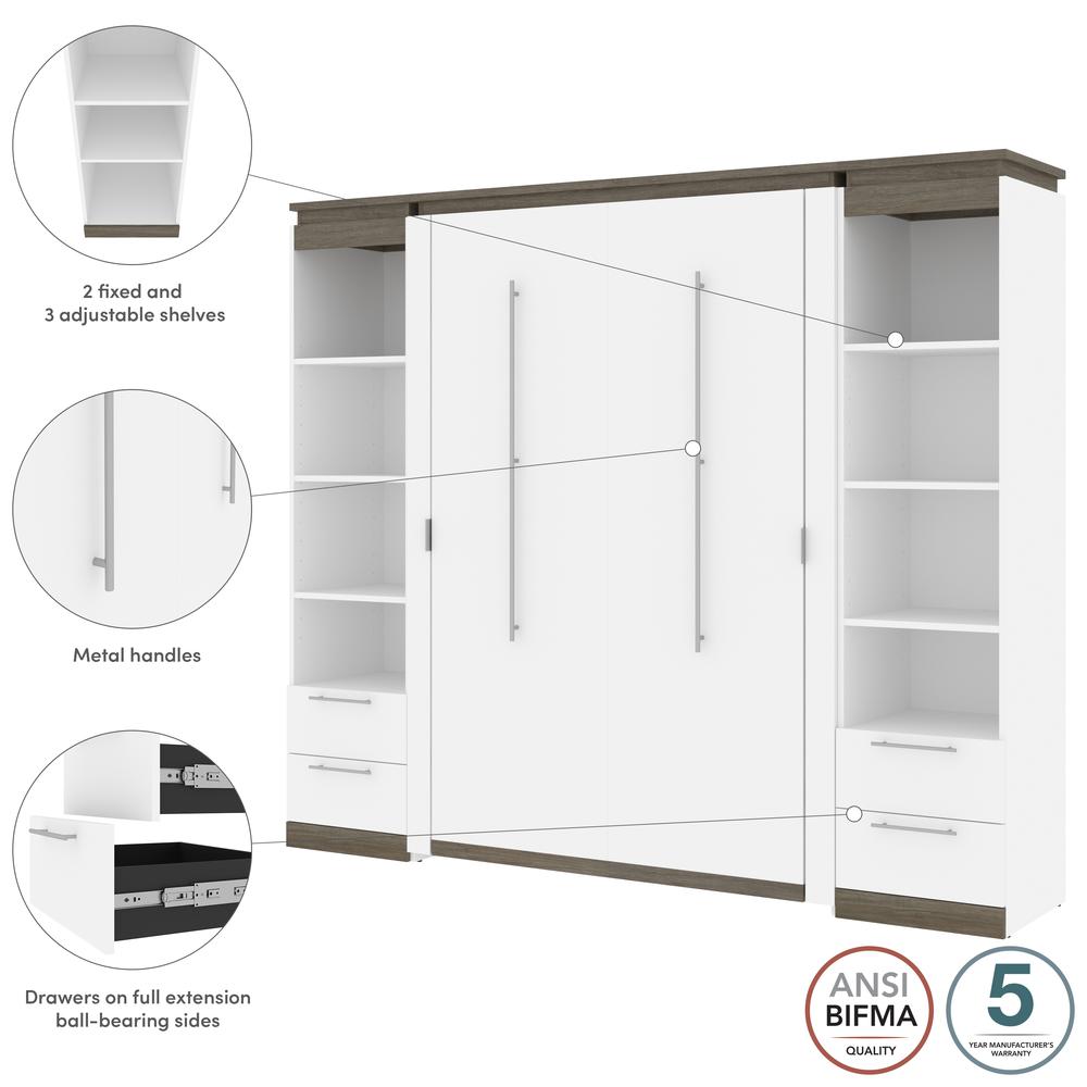 100W Full Murphy Bed with Shelves and Drawers (100W) in White and Walnut Grey. Picture 7