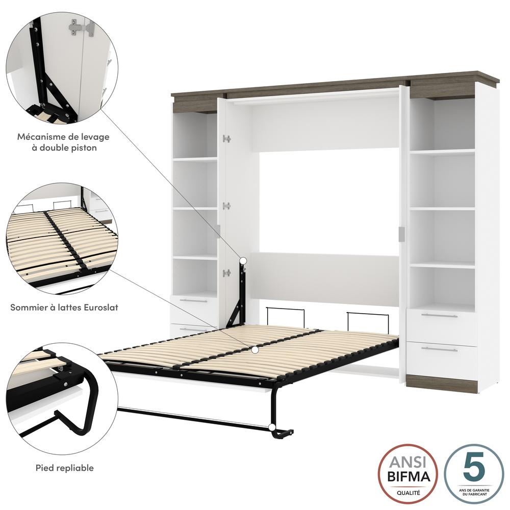 100W Full Murphy Bed with Shelves and Drawers (100W) in White and Walnut Grey. Picture 9