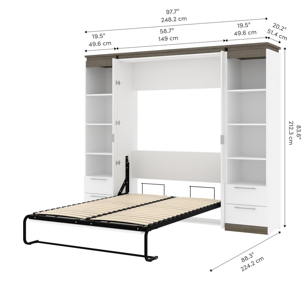 100W Full Murphy Bed with Shelves and Drawers (100W) in White and Walnut Grey. Picture 11