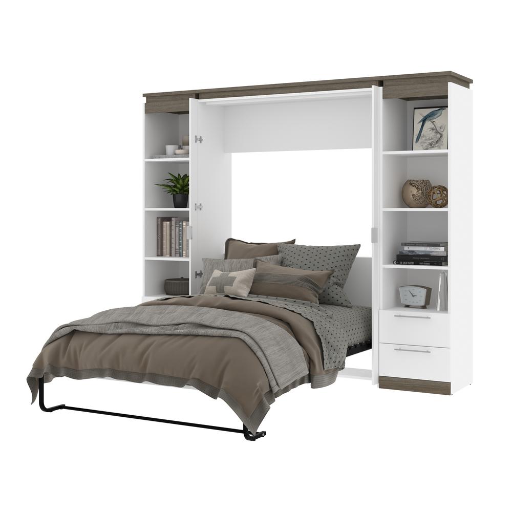 100W Full Murphy Bed with Shelves and Drawers (100W) in White and Walnut Grey. Picture 24