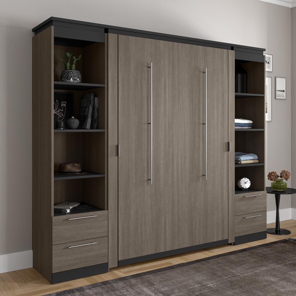 100W Full Murphy Bed with Shelves and Drawers (100W) in White and Walnut Grey. Picture 4