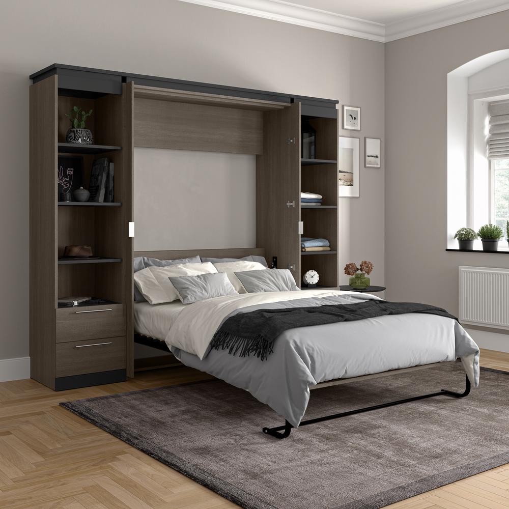 100W Full Murphy Bed with Shelves and Drawers (100W) in White and Walnut Grey. Picture 5