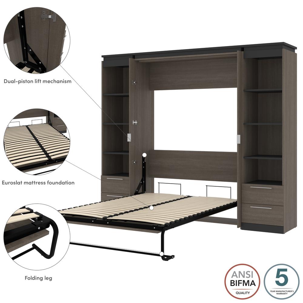 100W Full Murphy Bed with Shelves and Drawers (100W) in White and Walnut Grey. Picture 9