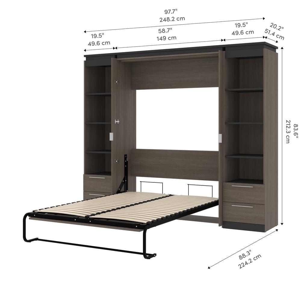 100W Full Murphy Bed with Shelves and Drawers (100W) in White and Walnut Grey. Picture 11