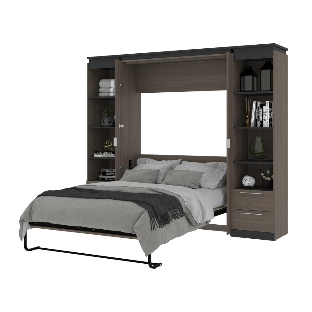 100W Full Murphy Bed with Shelves and Drawers (100W) in White and Walnut Grey. Picture 24