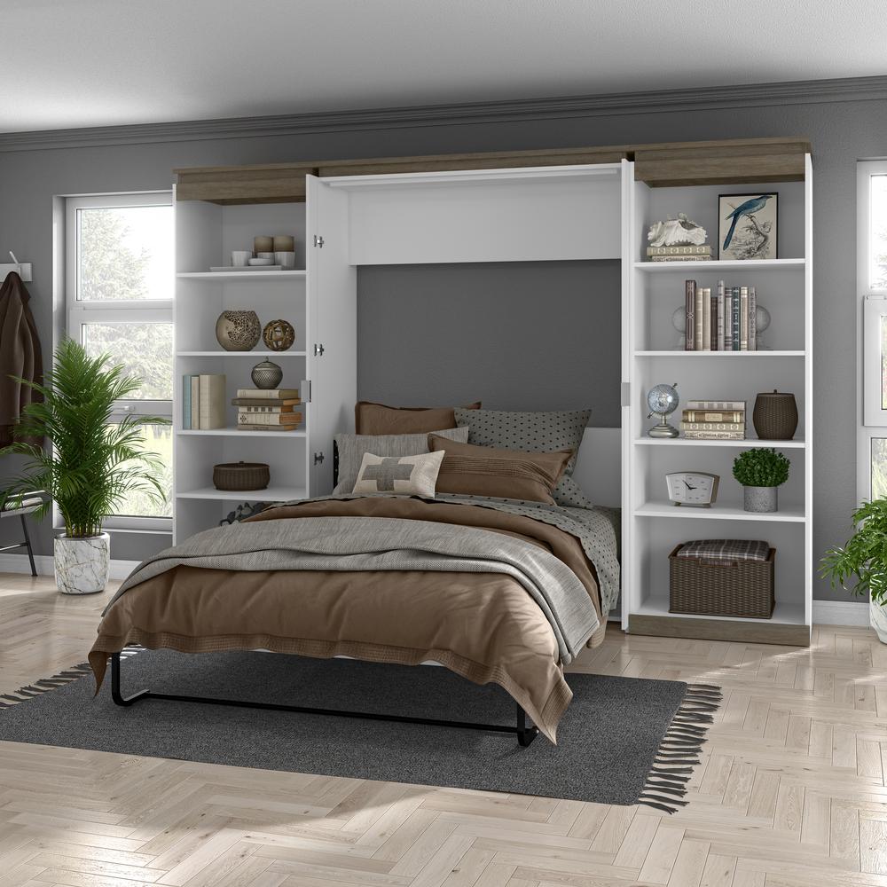 Full Murphy Bed with Shelves (120W) in White and Walnut Grey. Picture 6